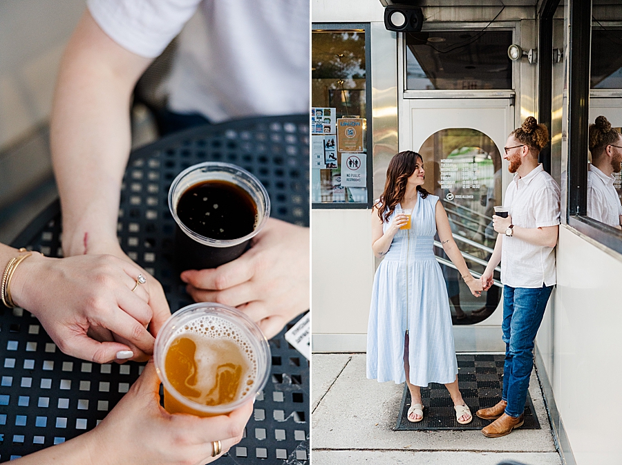 couple drinking beer during downtown knoxville engagement