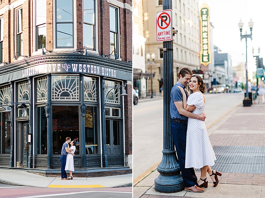 couple leaning against lamp post at downtown knoxville family session