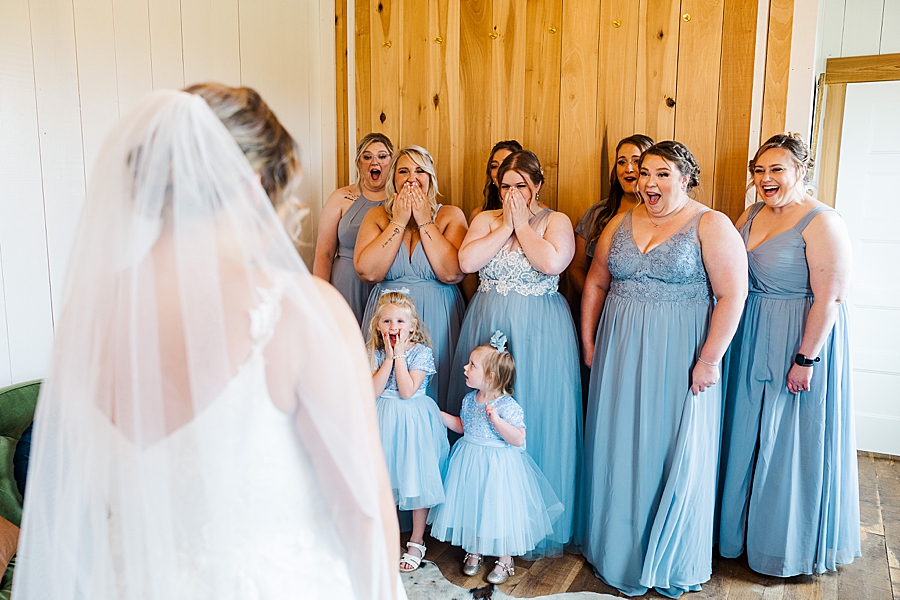 Bridesmaids react to bride at Allenbrooke Farm wedding by Amanda May Photos