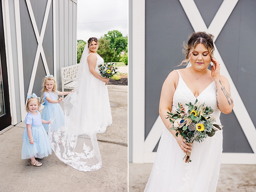 Flower girls help with veil at Allenbrooke Farm wedding by Amanda May Photos