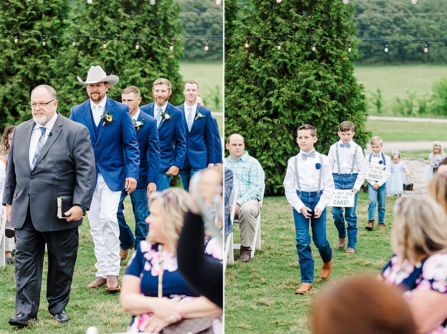 Groom and groomsmen walking down the aisle at Allenbrooke Farm wedding by Amanda May Photos