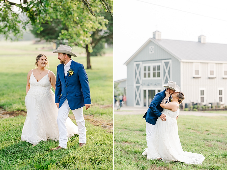 Kissing by the barn at wedding by Amanda May Photos