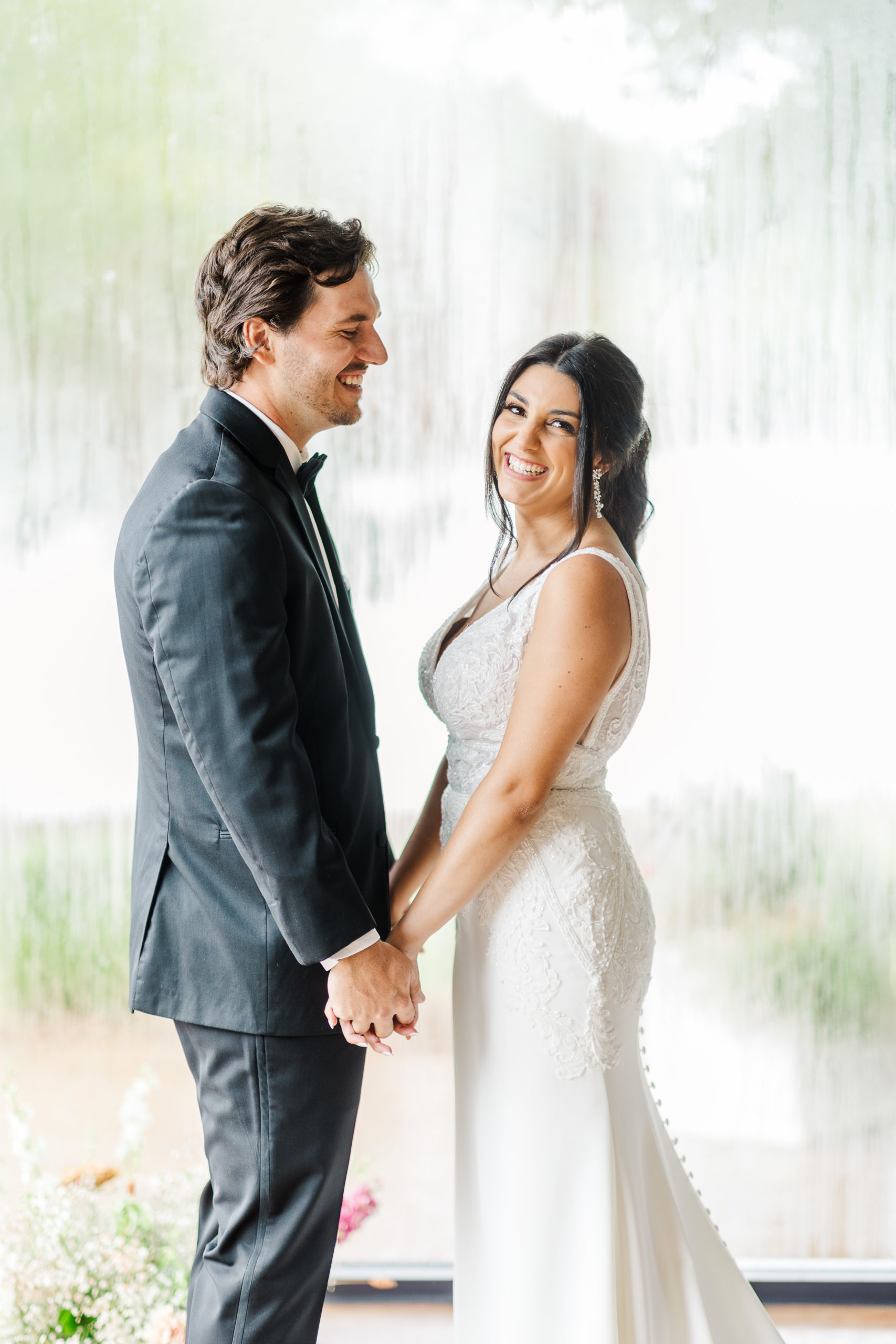 Groom looking at Bride in front of foggy window at Hunter Valley Farm by Knoxville Wedding Photographer, Amanda May Photos.