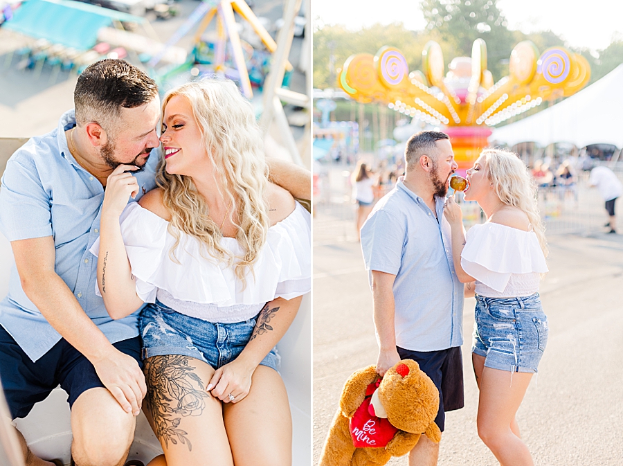 holding a teddy bear at this fair engagement session
