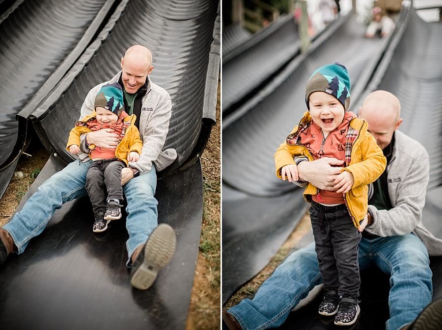Sliding with dad at this Oakes Farm Session by Knoxville Wedding Photographer, Amanda May Photos.