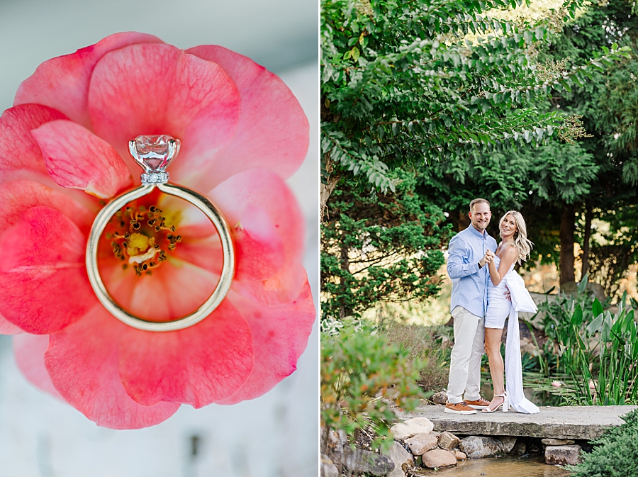 gold engagement ring on pink flower