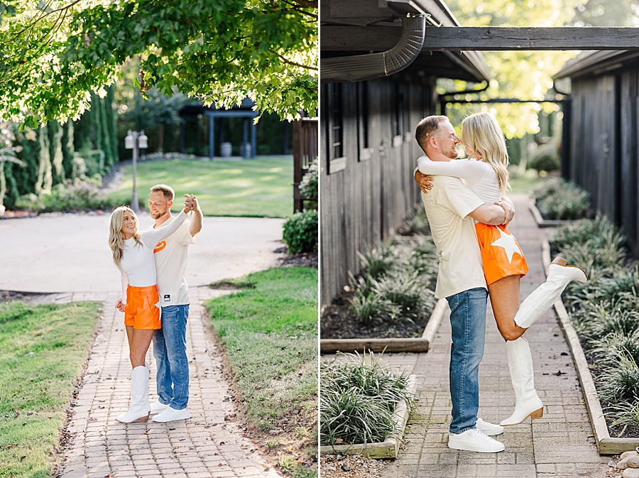 woman in orange shorts at fall castleton farms engagement