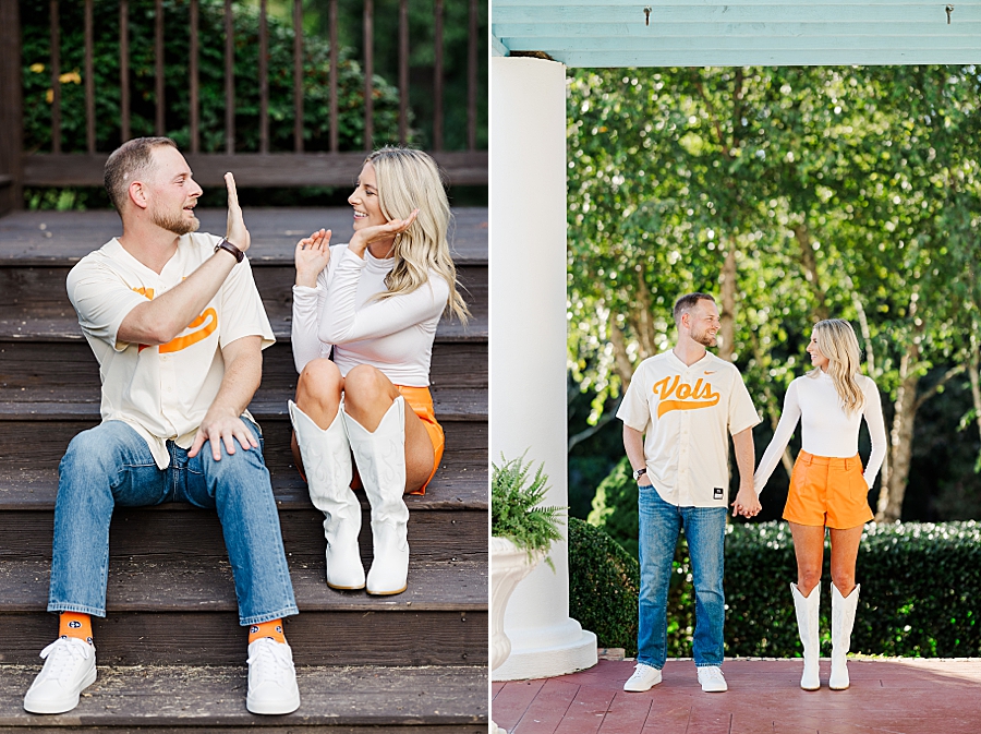 couple in Vols outfits holding hands
