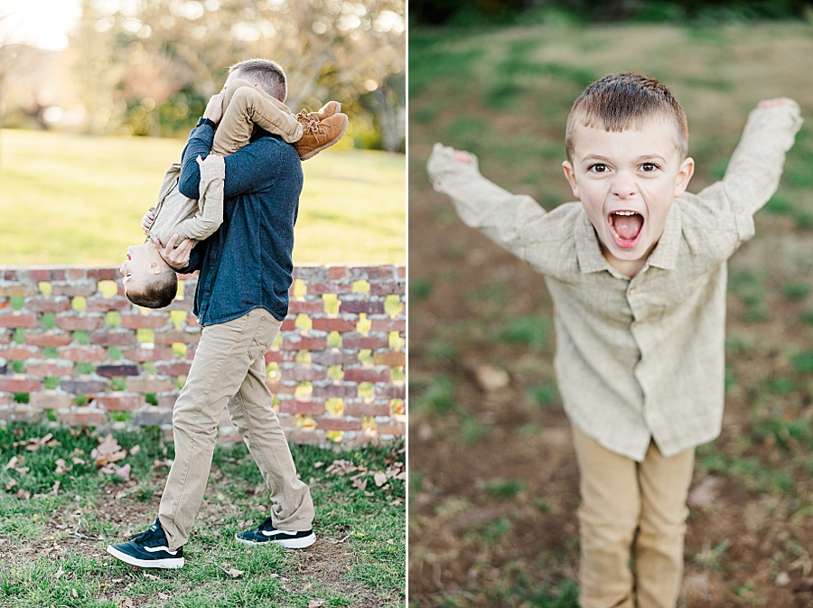 silly little boy at fall family session