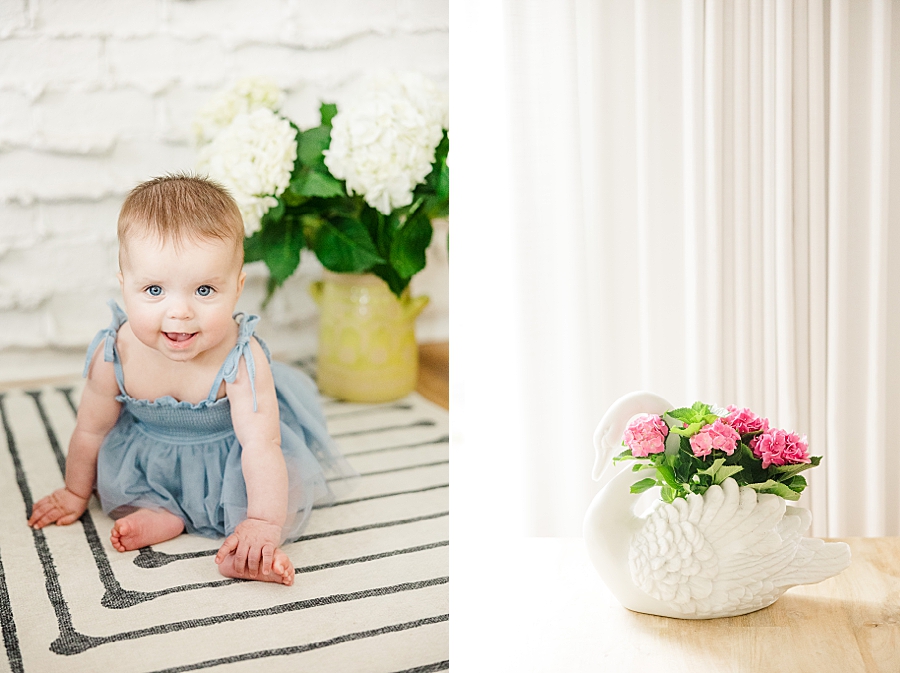 Baby smiling in front of flowers at Home Lifestyle Session by Amanda May Photos