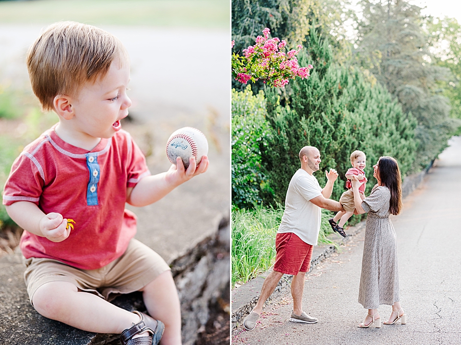 boy holding baseball at garden family session