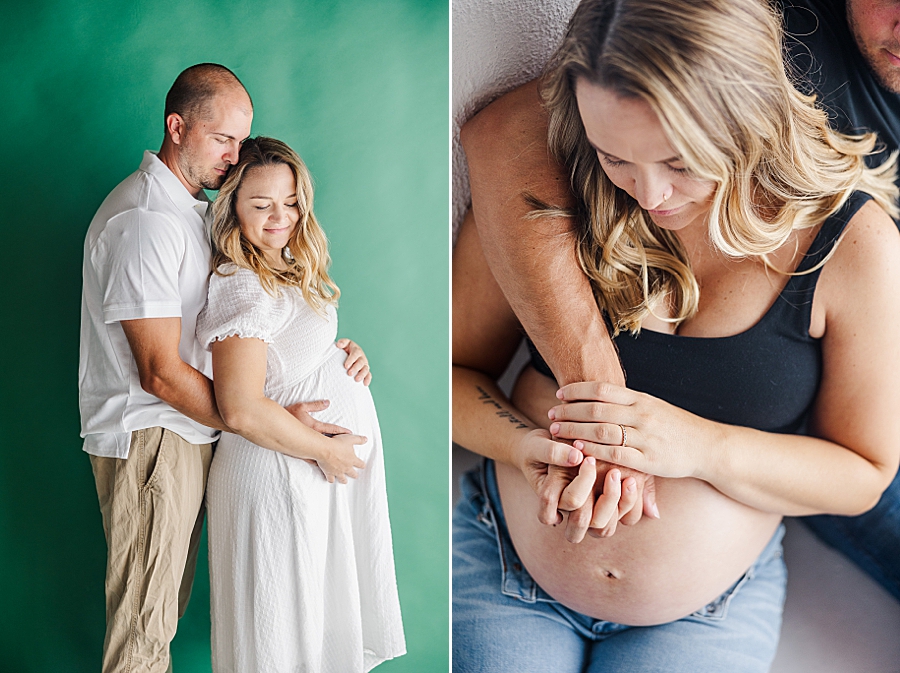couple snuggling at highlight studio maternity session