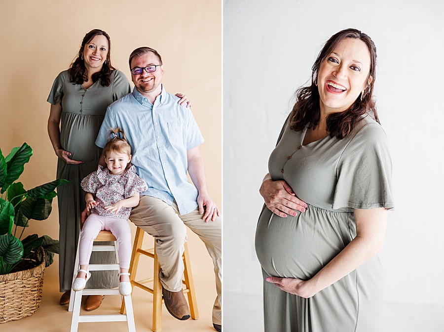 pregnant woman in green dress at highlight studio maternity session