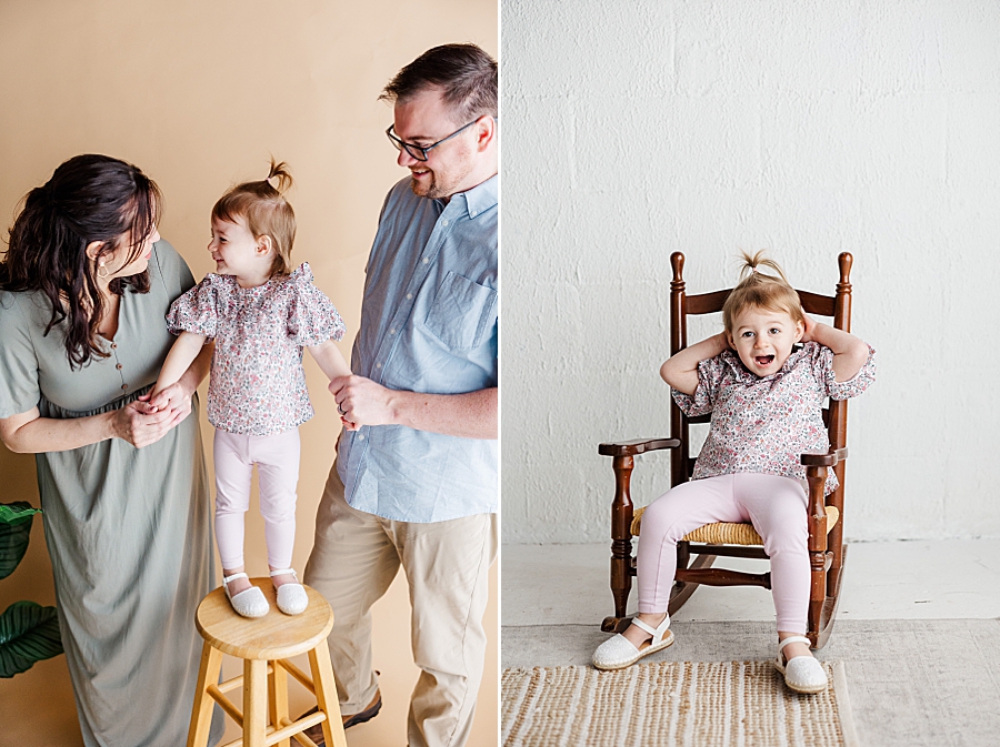 little girl in rocking chair at highlight studio maternity session
