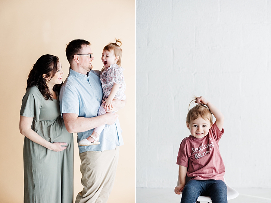 little girl in pink shirt at highlight studio maternity session