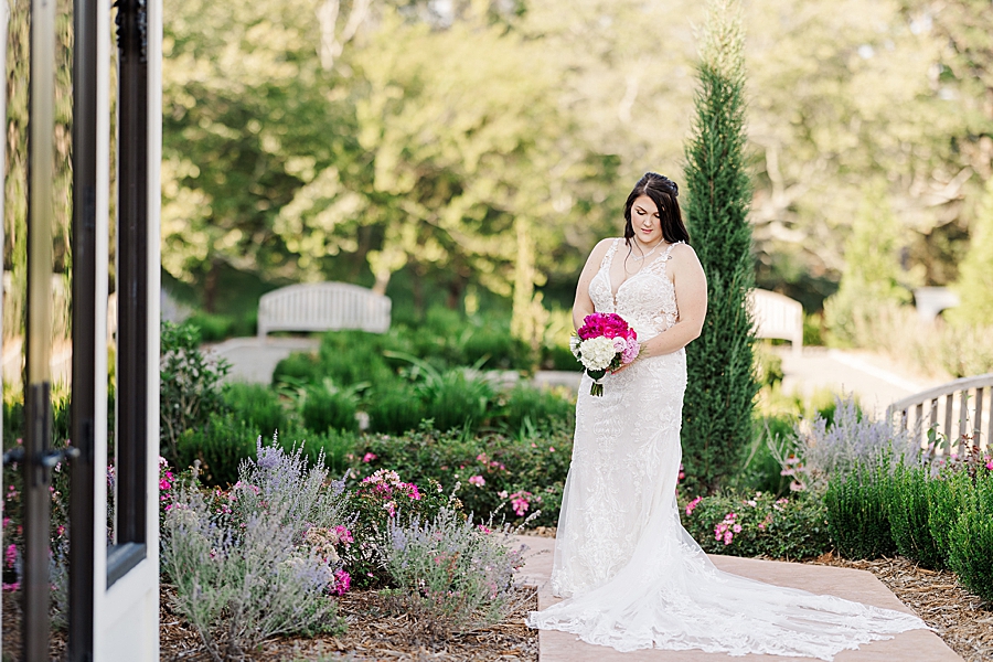 pink and white bouquet at howe farms bridal session