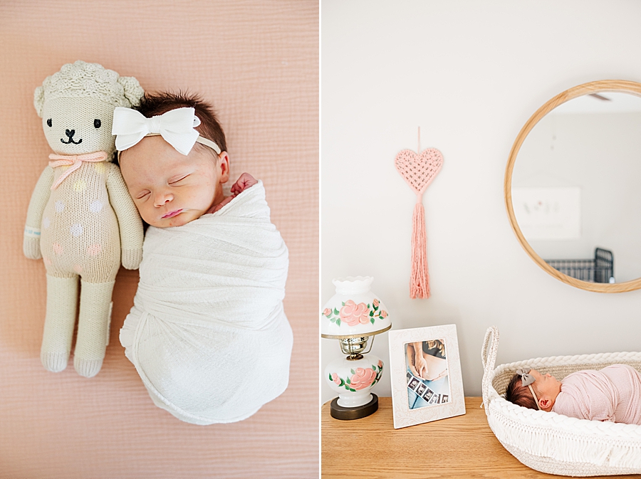 baby girl in white bow at in home newborn session