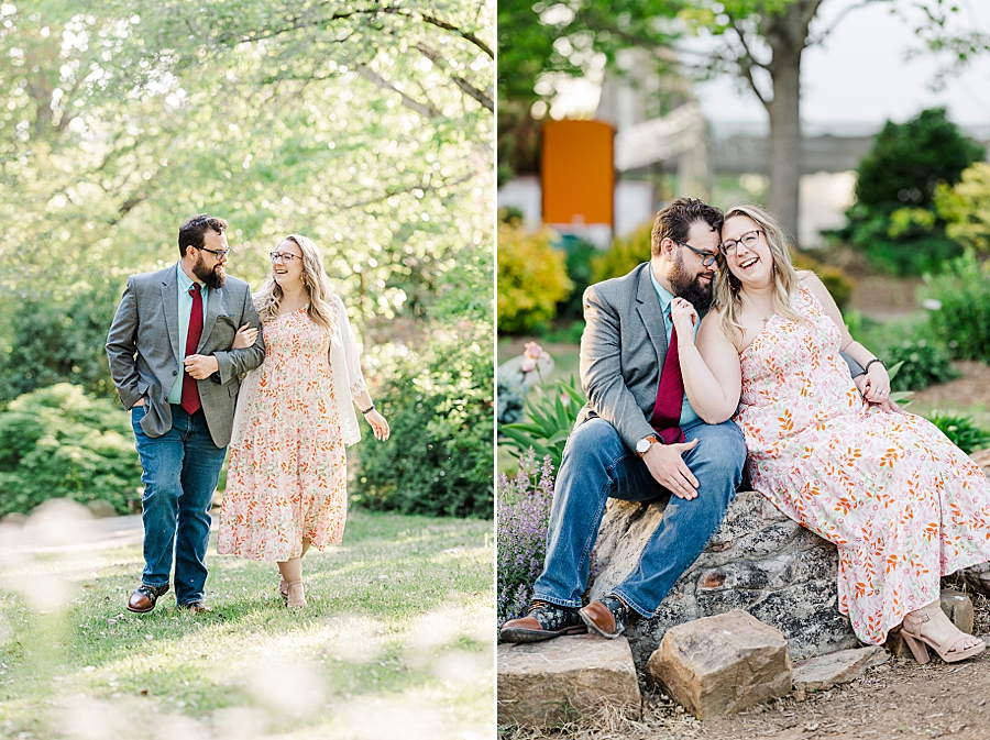 Walking together under the trees at UT Gardens Engagement by Amanda May Photos