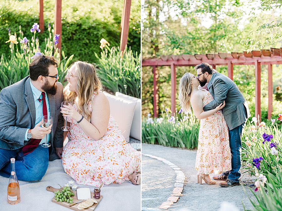 Kissing by the flowers at UT Gardens Engagement by Amanda May Photos