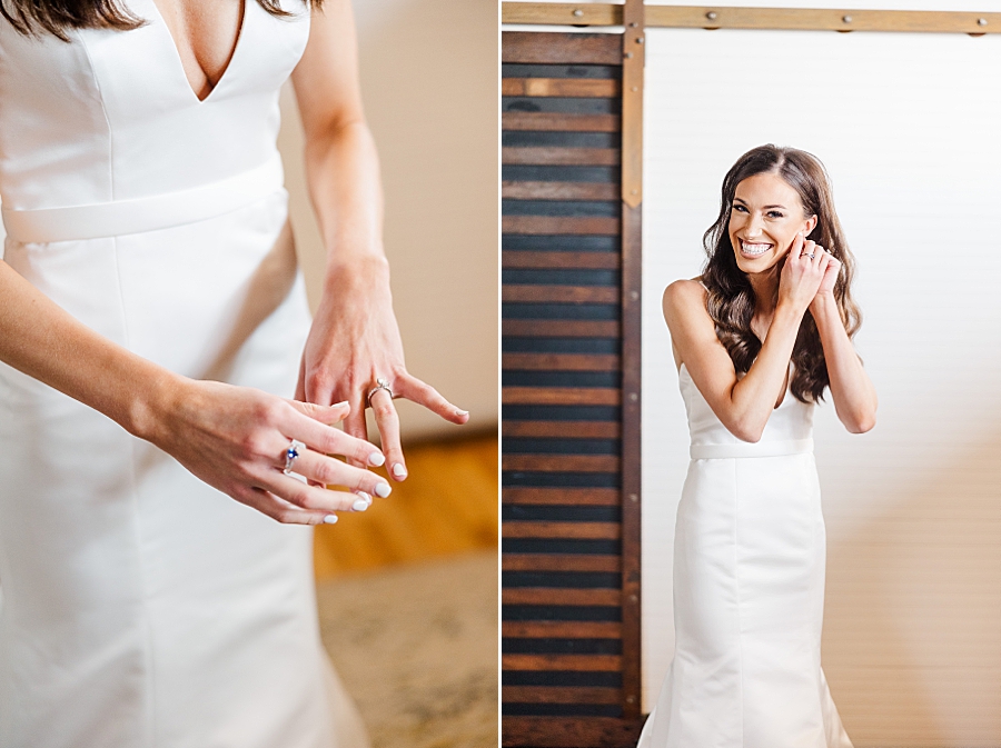 Bride puts earrings on at Mill & Mine Wedding by Amanda May Photos