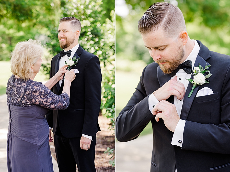 Mom putting boutonnière on groom at Marblegate Wedding by Amanda May Photos