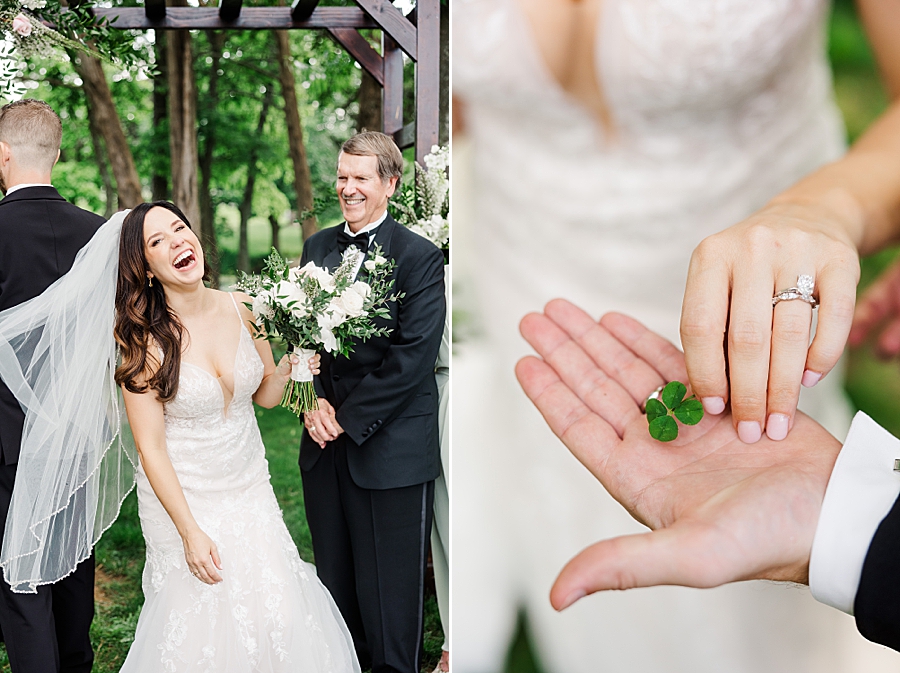 Bride and groom hold a four leaf clover at wedding by Amanda May Photos