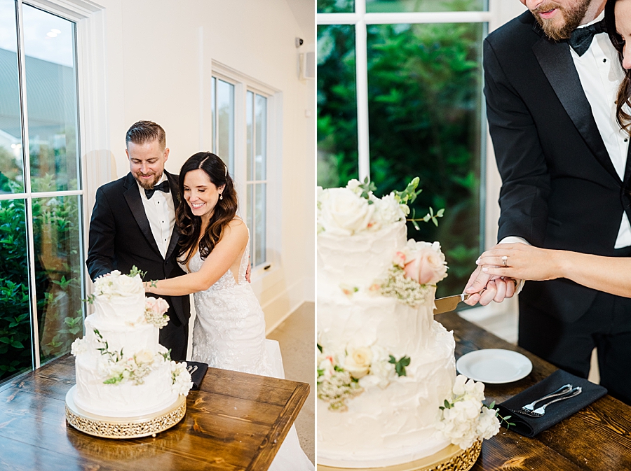 Bride and groom cut cake at wedding by Amanda May Photos