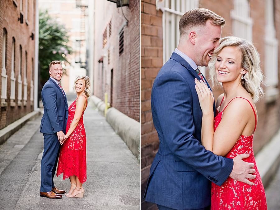 Red lace eyelet dress at this Knoxville Botanical Gardens engagement by Knoxville Wedding Photographer, Amanda May Photos.