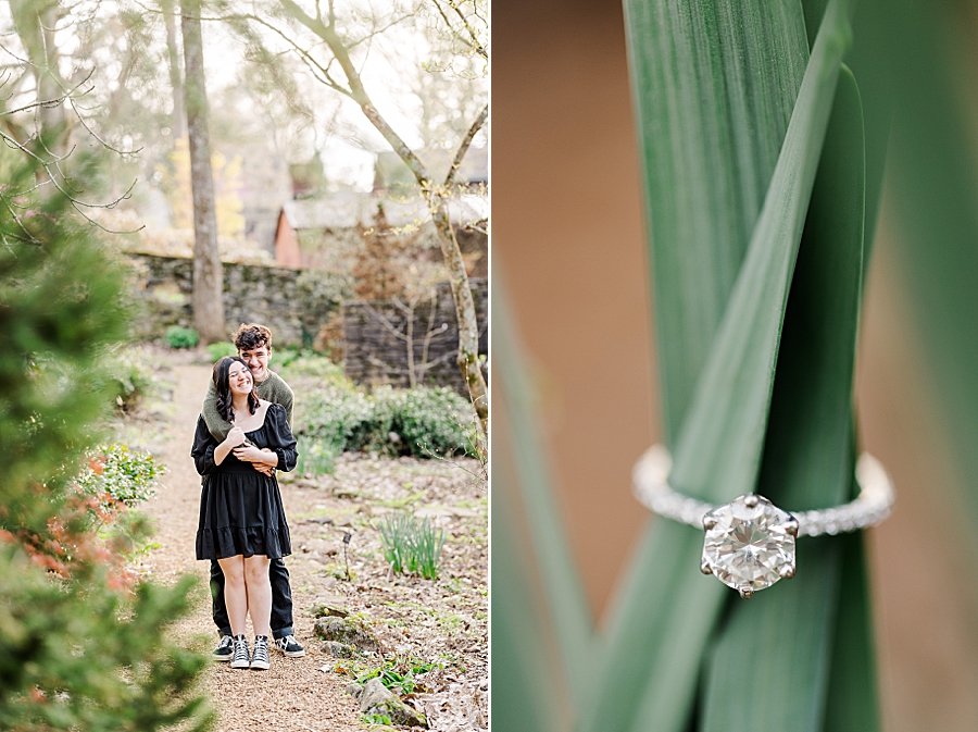 engagement ring on tulip leaves at knoxville botanical engagement