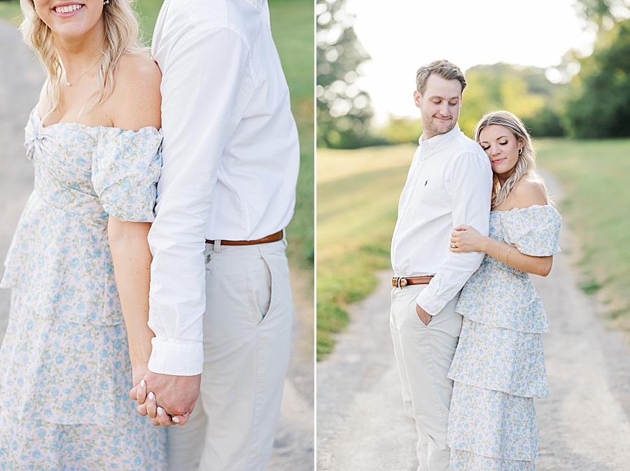 woman in tiered blue dress at knoxville botanical garden engagement