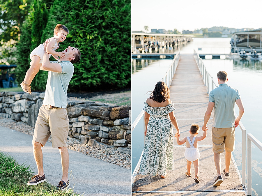 family of three on lake house dock