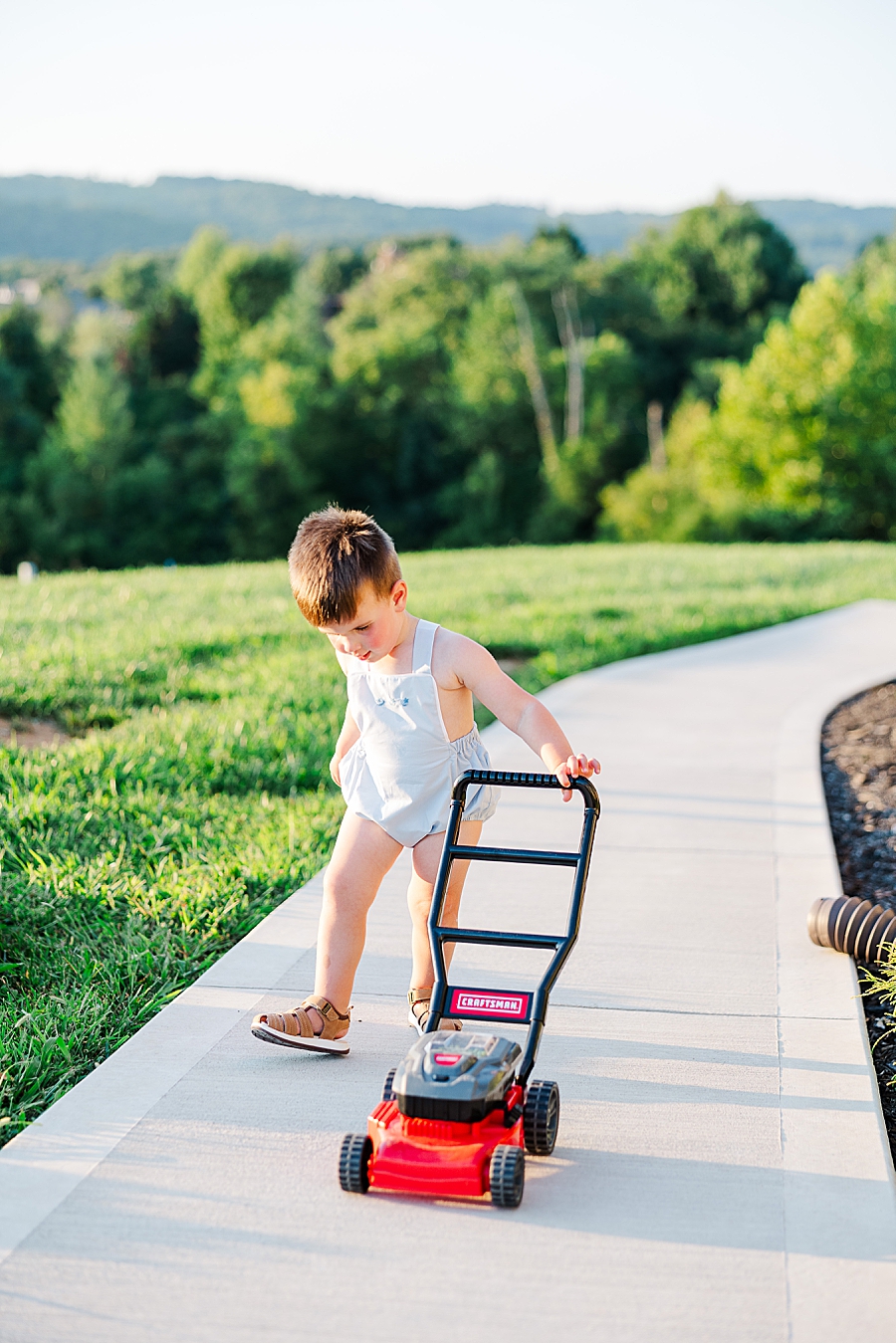 toy lawn mower at lake house session