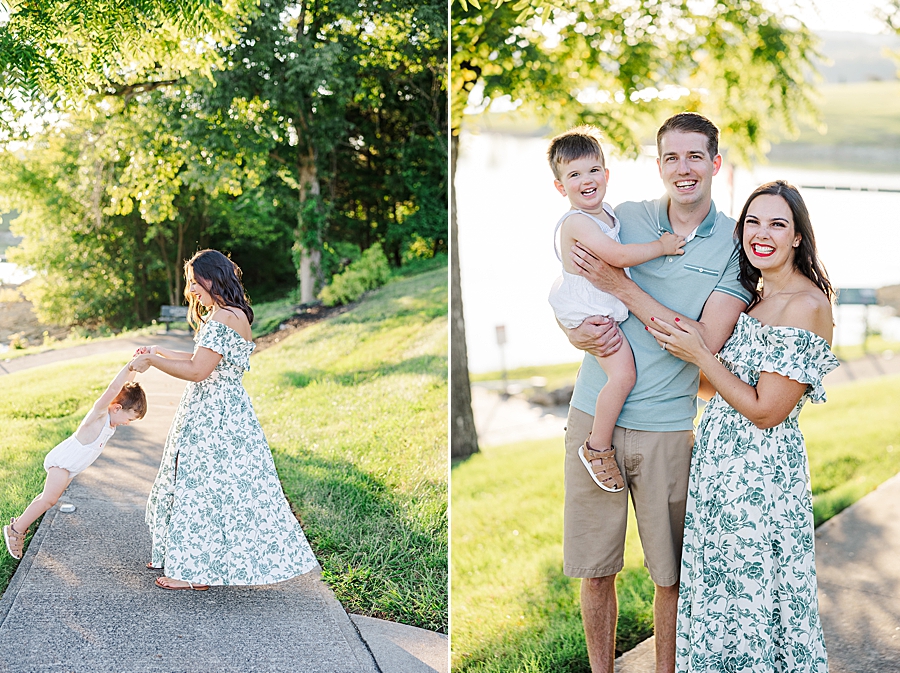 mom twirling son at lake house