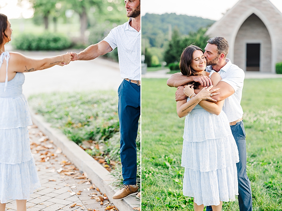 hugging at lakeshore park engagement