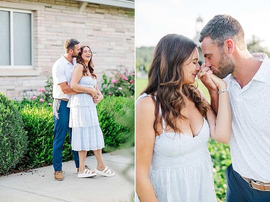 woman wearing blue tiered dress at lakeshore park engagement