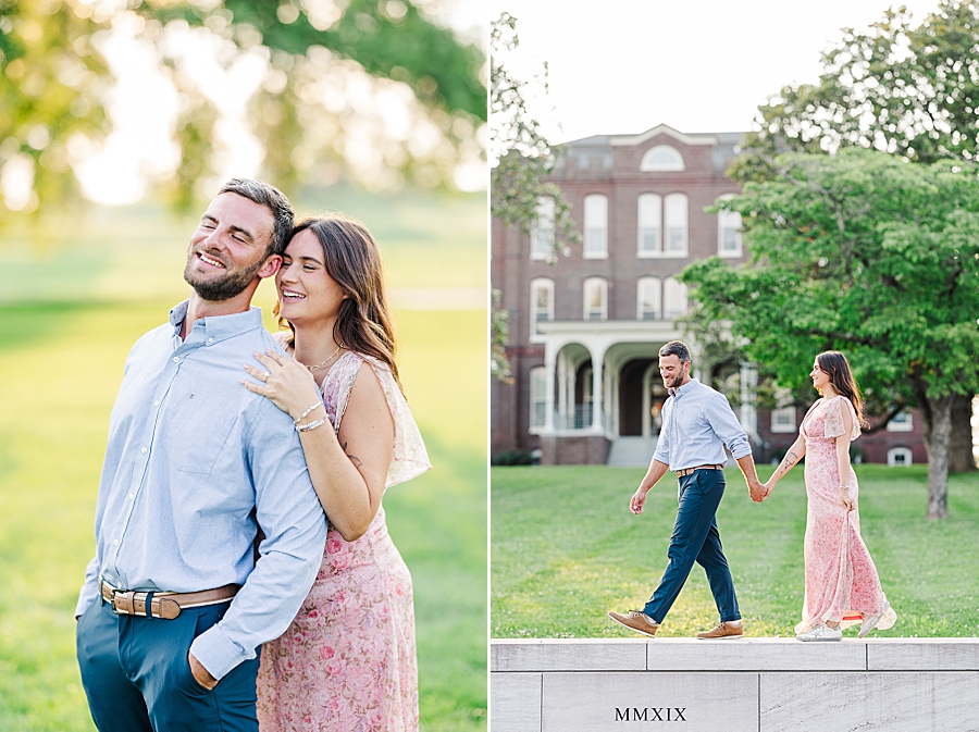 walking on brick wall at lakeshore park engagement