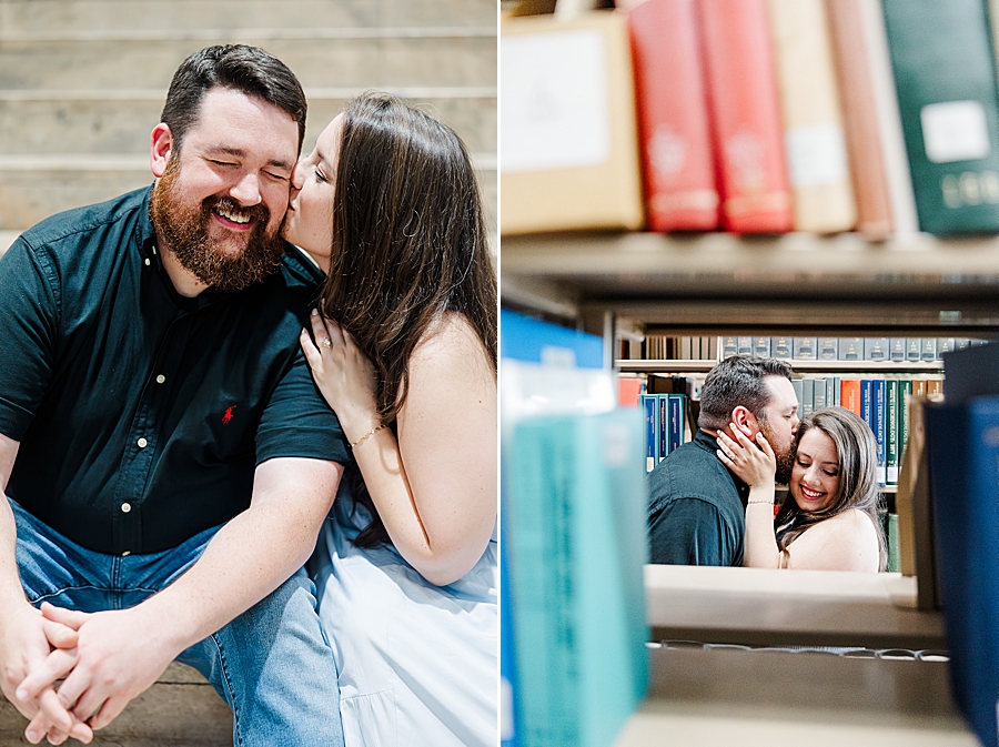 kissing in the stacks during library engagement photos