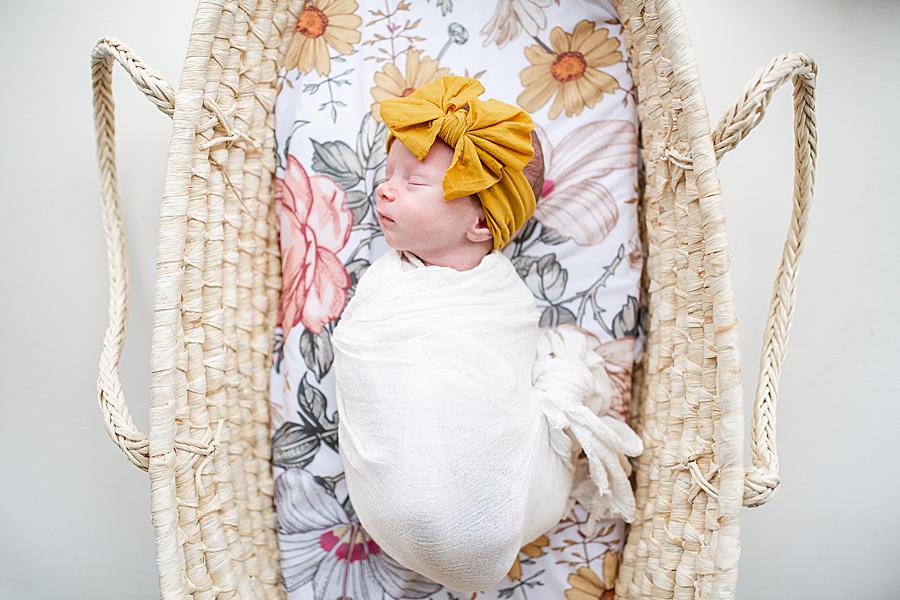 Yellow bow headband at this lifestyle newborn by Knoxville Wedding Photographer, Amanda May Photos.