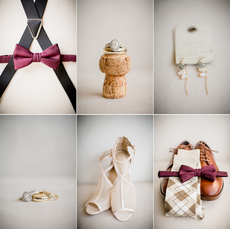 Rings, shoes, earrings, and bowtie detail picture at this winter wedding at Knoxville Wedding Venue, Jackson Terminal, by Knoxville Wedding Photographer, Amanda May Photos.