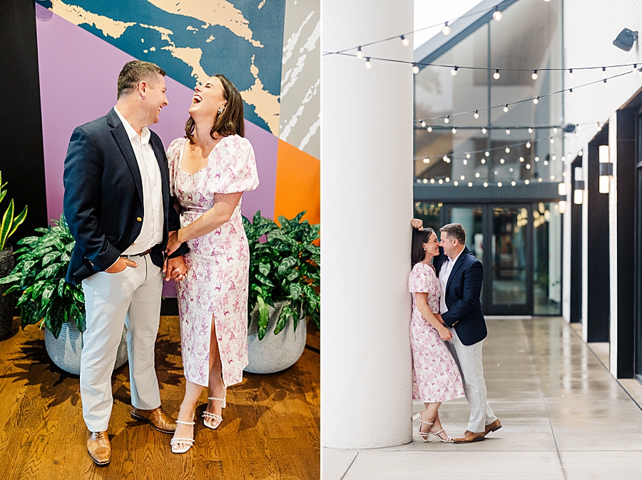 couple standing under twinkle lights