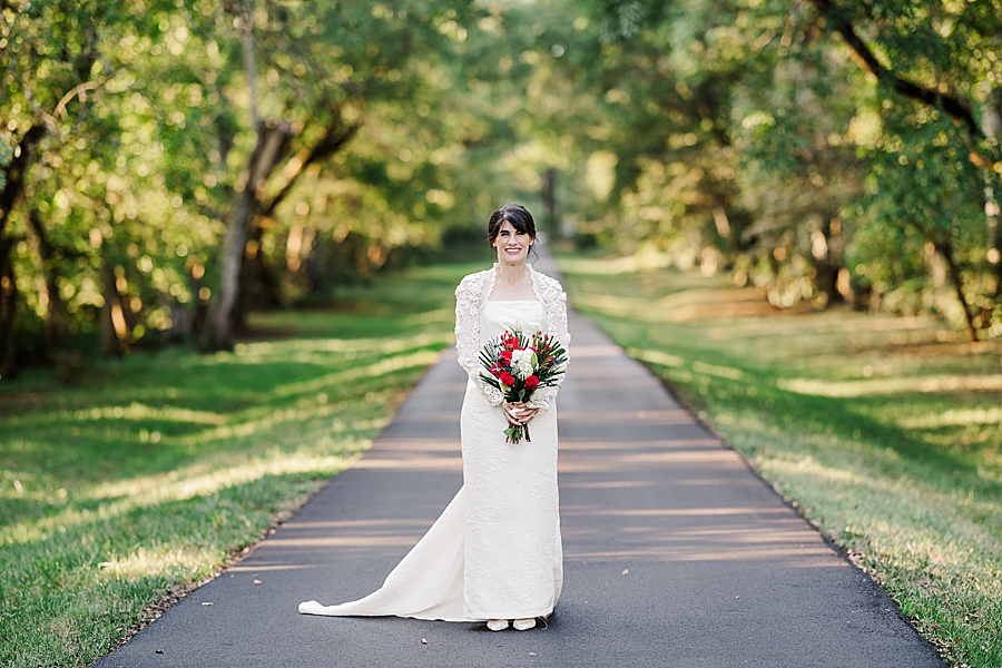 bride in handmade dress at maple grove bridal session