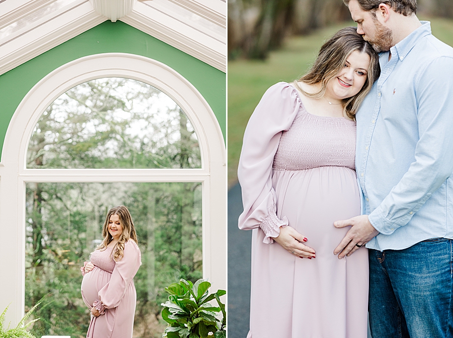 pregnant woman standing in green sunroom