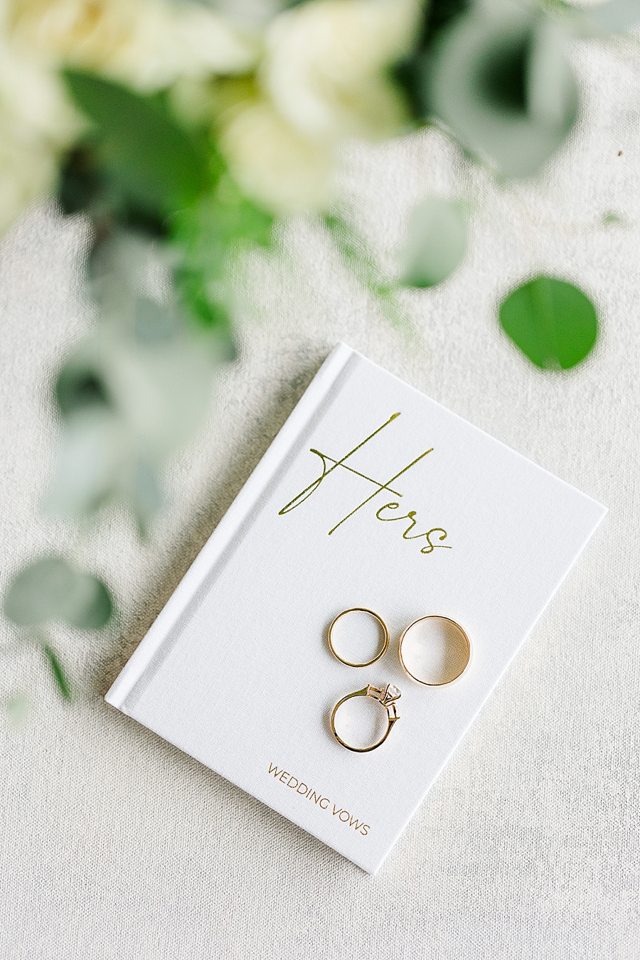 Three wedding bands sitting on a vow book.