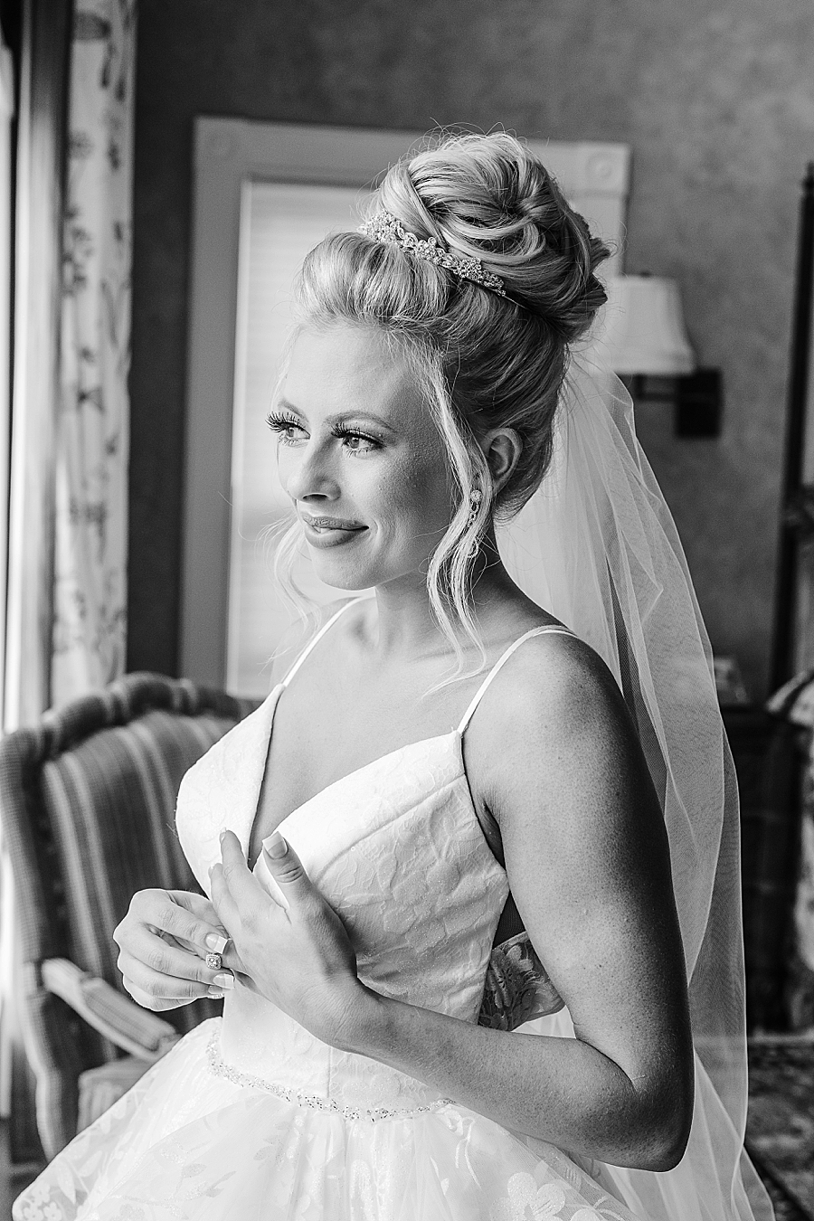 black and white bridal portrait at memorial day weekend wedding