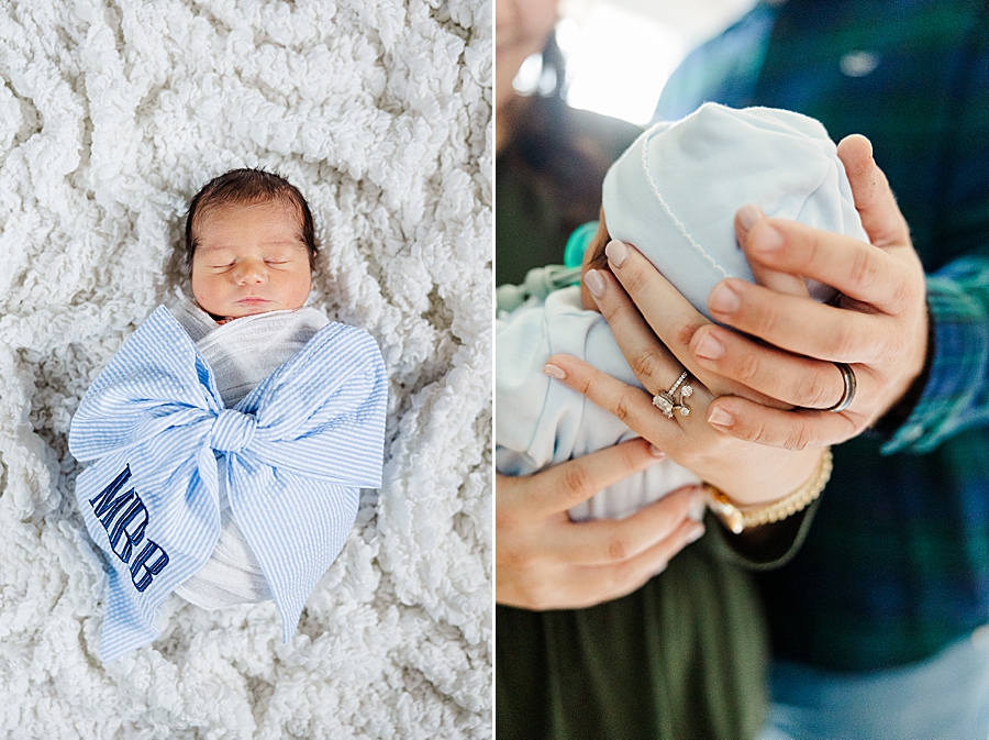 newborn in monogrammed swaddle