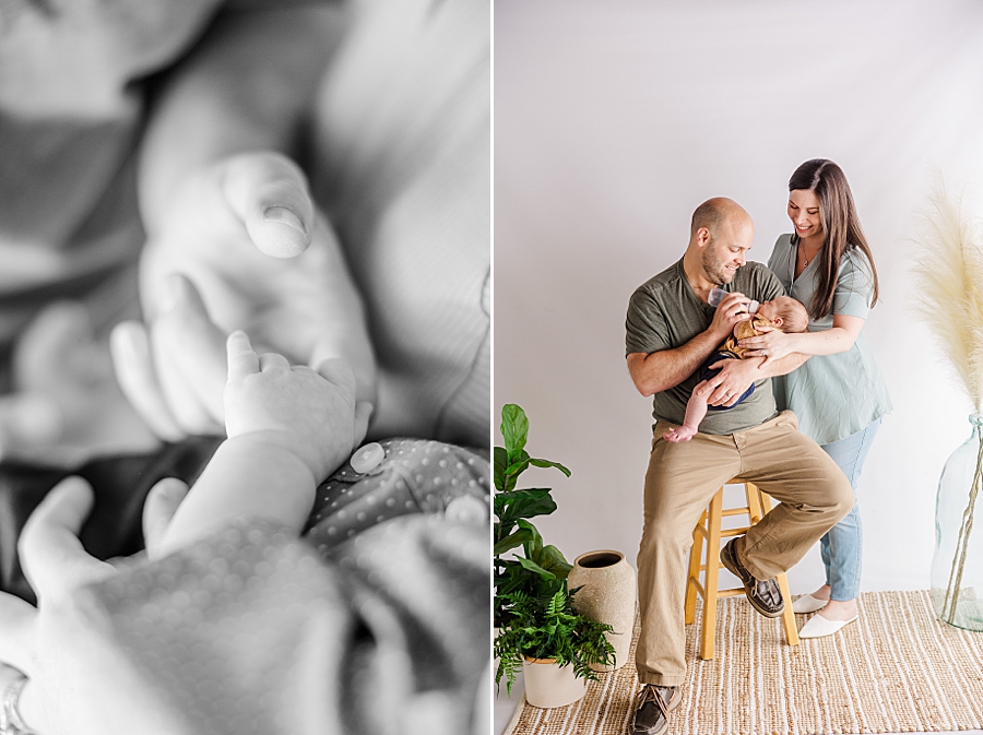 holding hands during newborn session at highlight studio