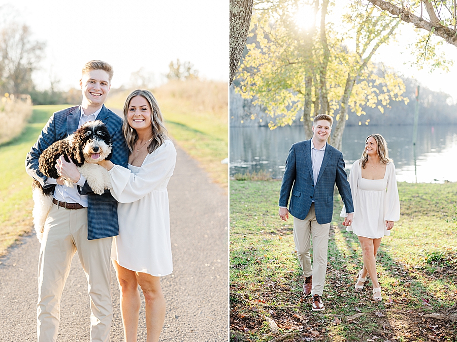 couple with pet dog at park engagement