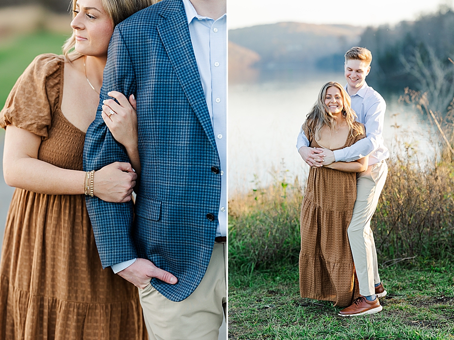 couple by water at park engagement