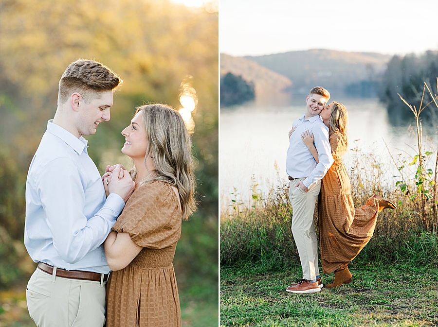 kiss on cheek at park engagement