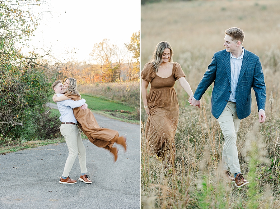 couple walking through field